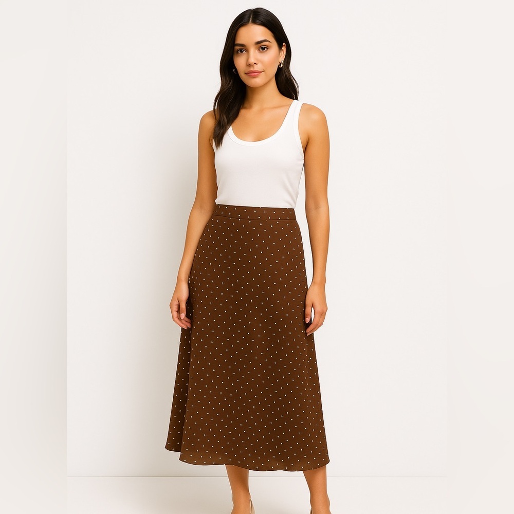 Boho chic vintage y2k 100% Silk Polka Dot Midi Skirt chocolate brown